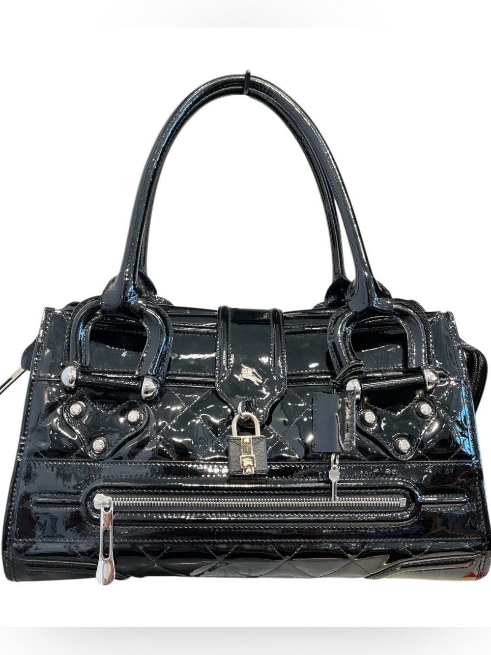 Burberry Black Patent Quilted Satchel with Lock Accent